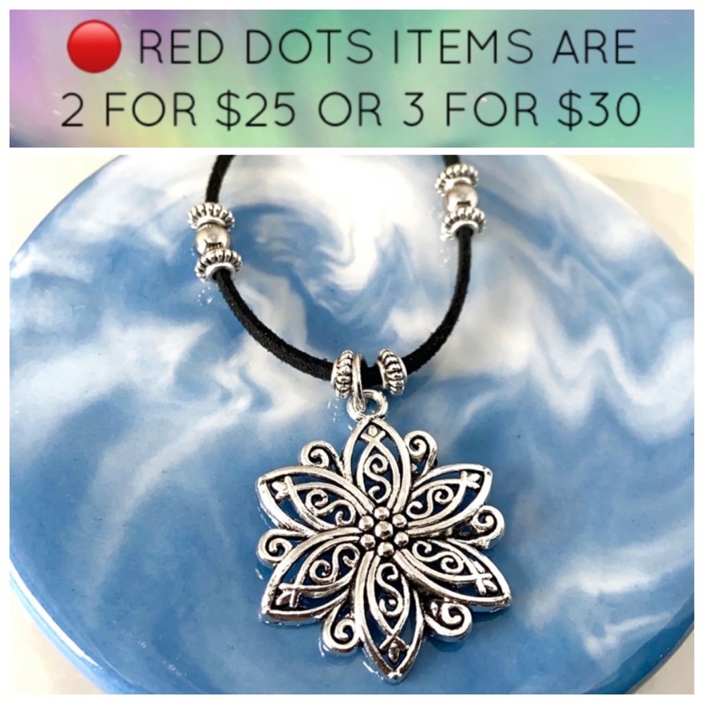 🔴silver Lotus flower black adjustable cord boho choker necklace